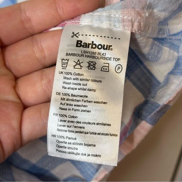 Barbour Harbourside Blue Pink White Checked Cotton Tie Waist Blouse Sz 14 Preppy - Picture 7 of 7